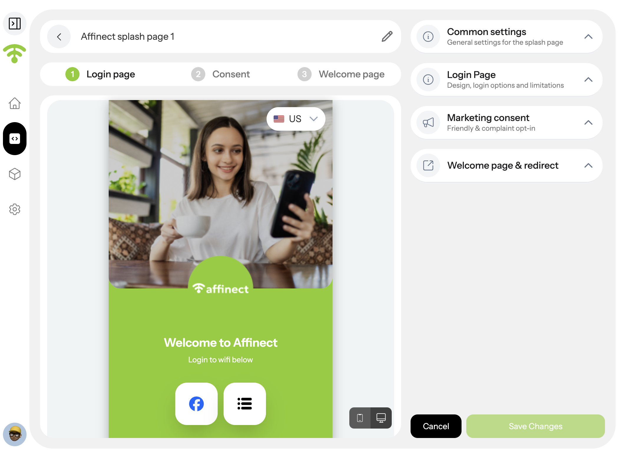 A preview of your splash page will appear with settings on the right-hand side.