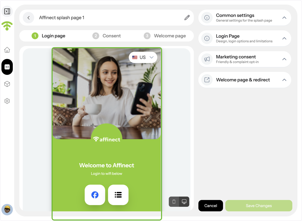 A preview of your splash page will appear with settings on the right-hand side.