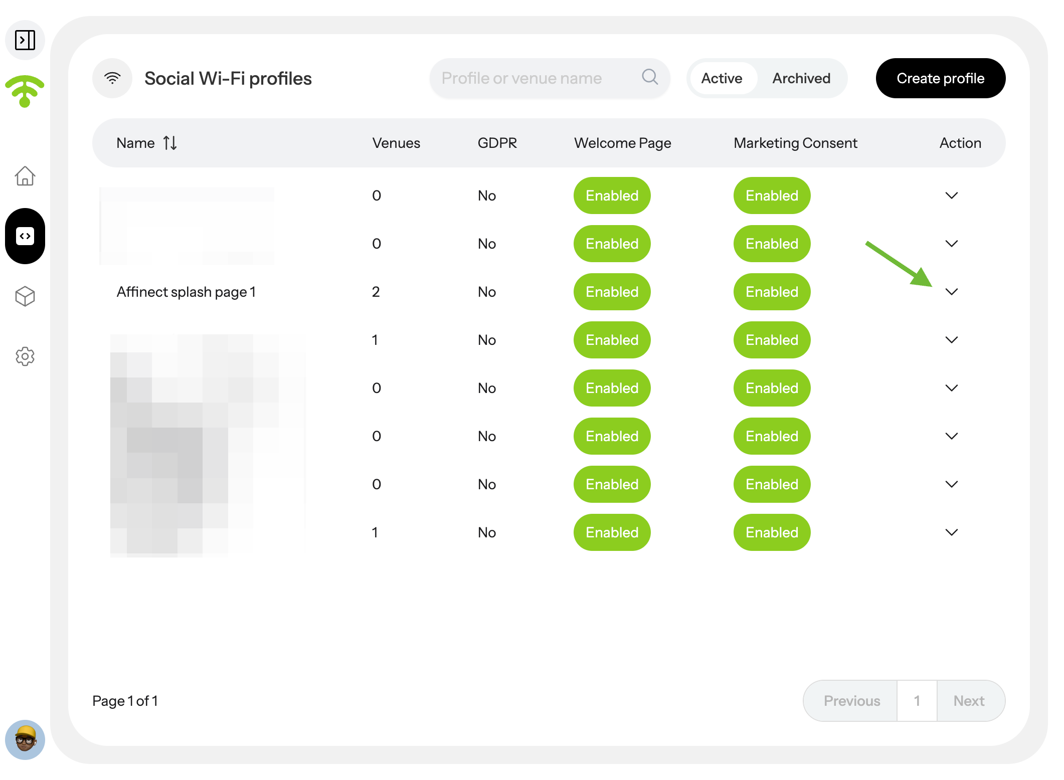 A preview of your social Wifi profiles will appear. Go to Actions and click on the profile's drop-down menu you wish to…