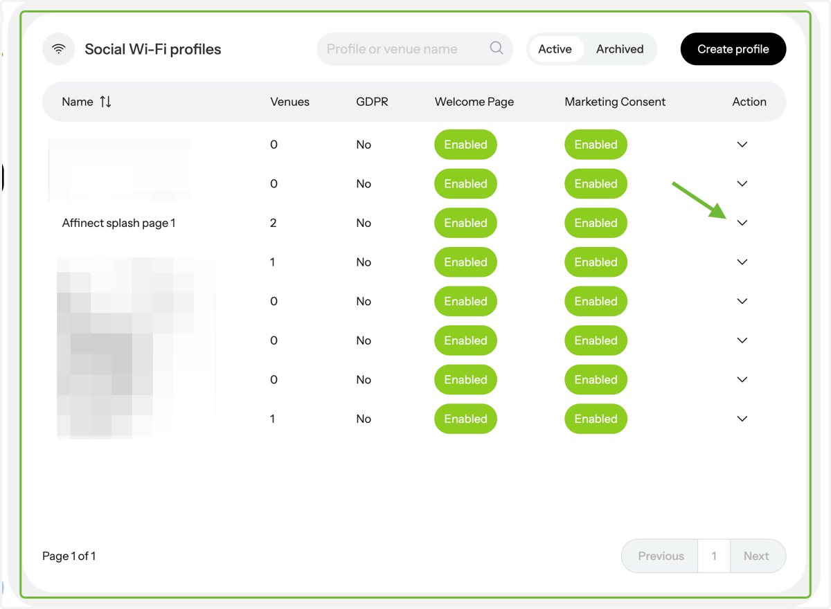 A preview of your social Wifi profiles will appear. Go to Actions and click on the profile's drop-down menu you wish to edit.