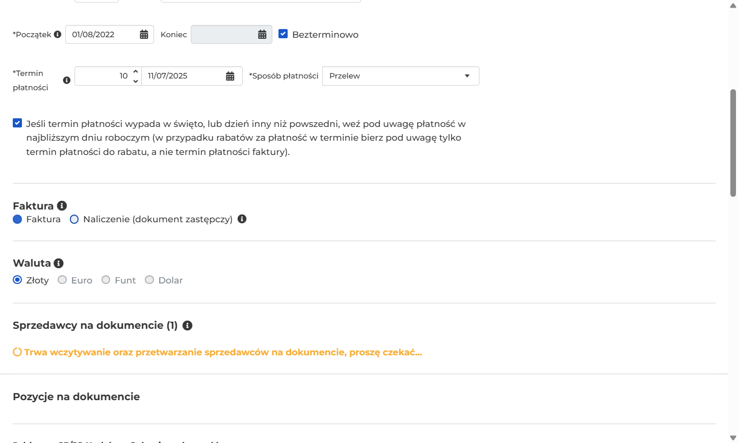 Wybierz typ wystawianego dokumentu