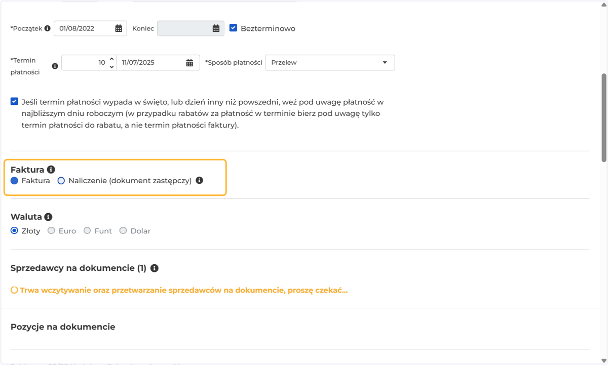 Wybierz typ wystawianego dokumentu