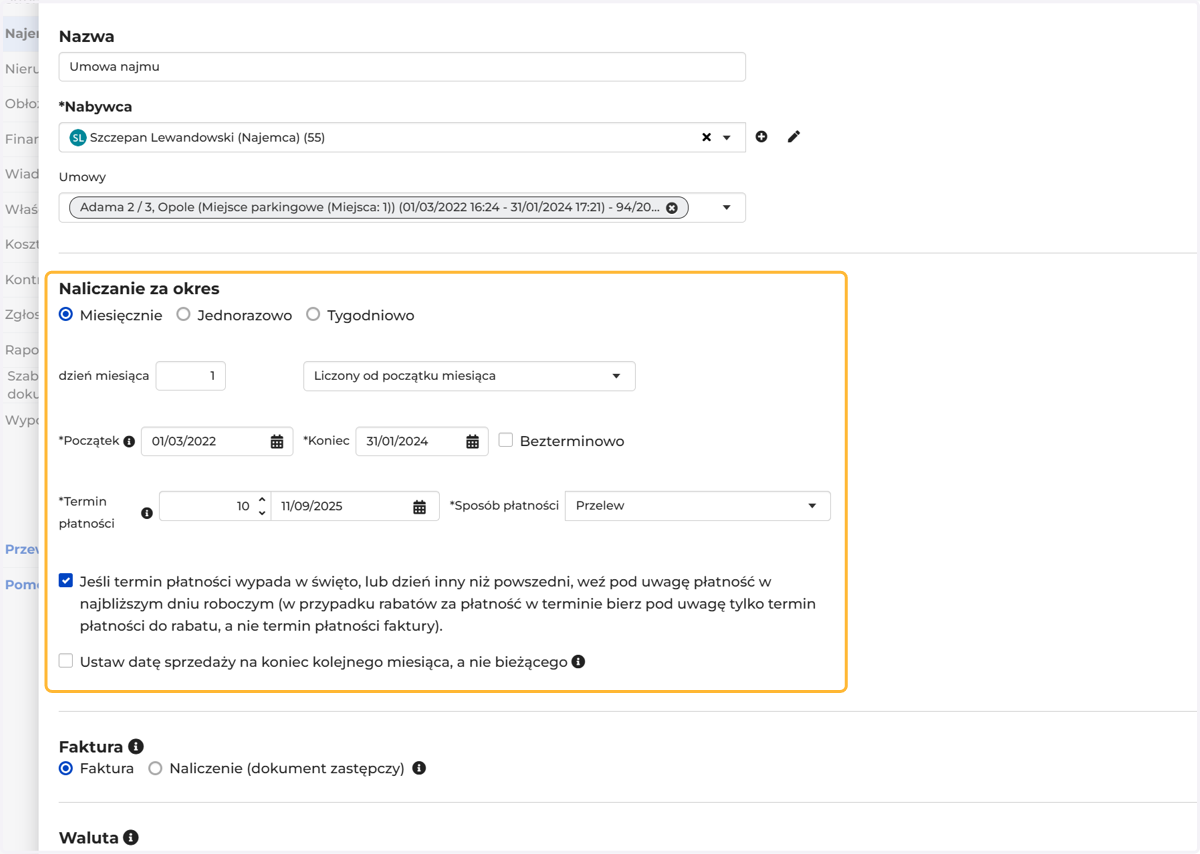 Wybierz parametry generowania dokumentu
