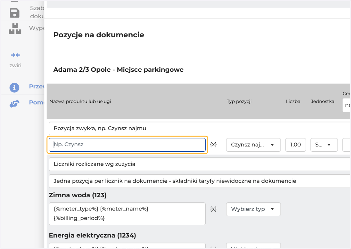 Określ, jakie pozycje będą się pojawiać na dokumencie np. czynsz