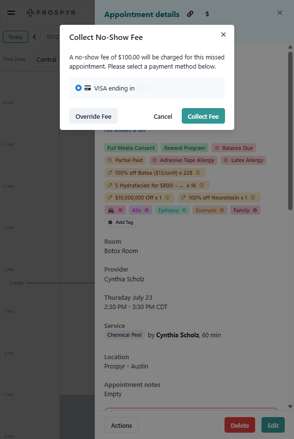 Select which card to charge, then click Collect Fee