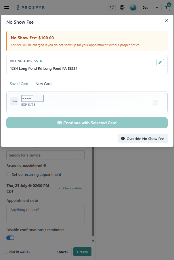 When no show fee is enabled for your workspace, you will be prompted to capture a credit card at the time of booking.