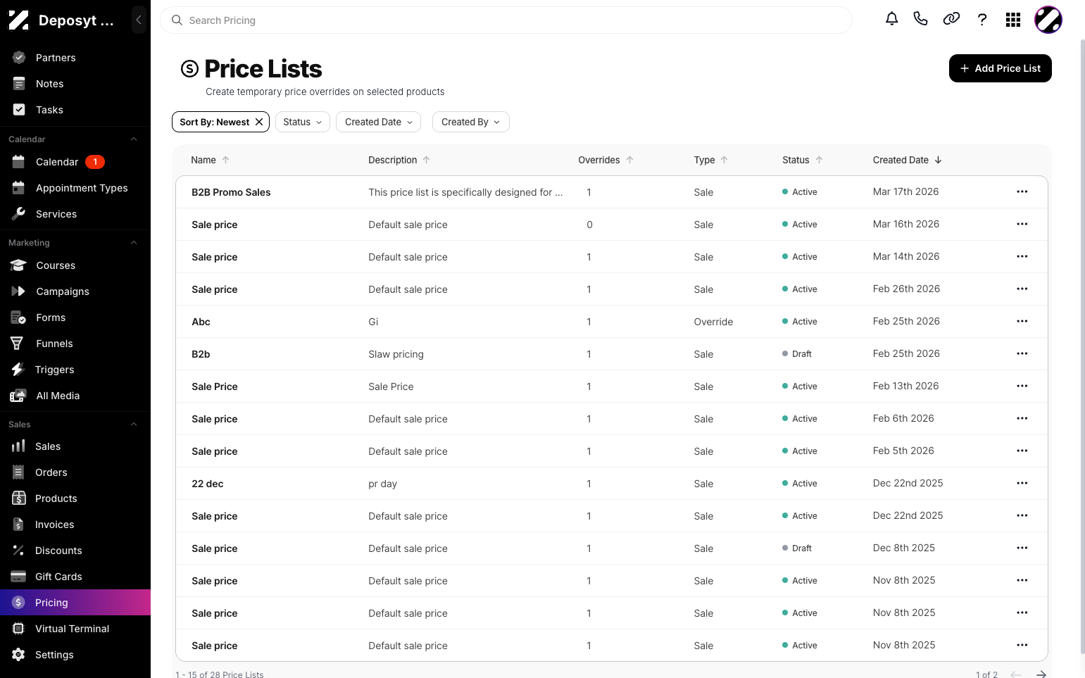 Step 2: You will then be navigated to the Price Lists tab. 