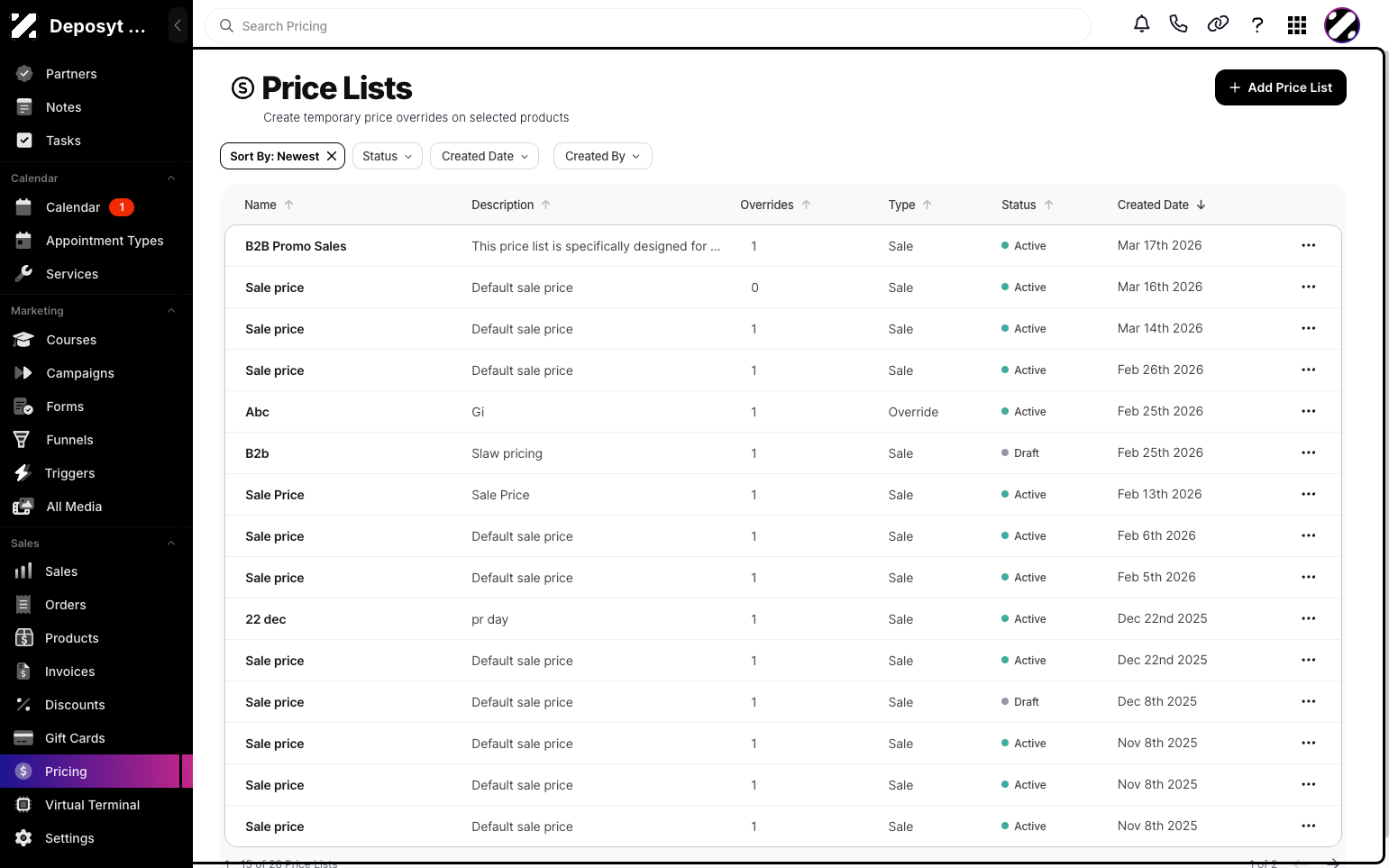 Step 2: You will then be navigated to the Price Lists tab.