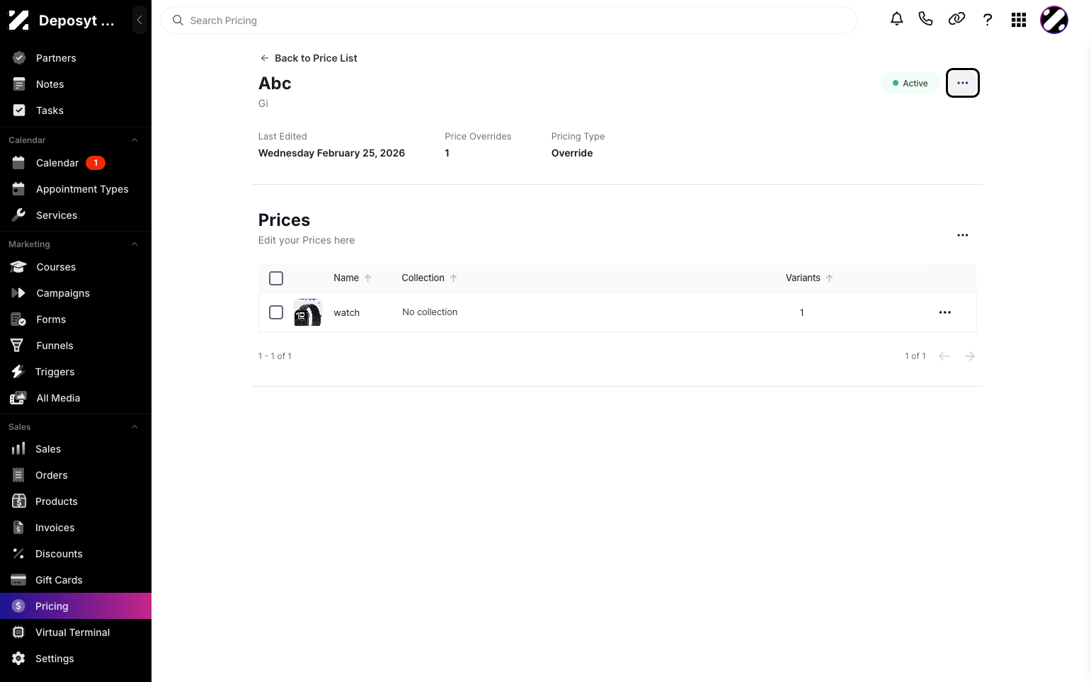Step 4: Click the three-dot button on the price list name.