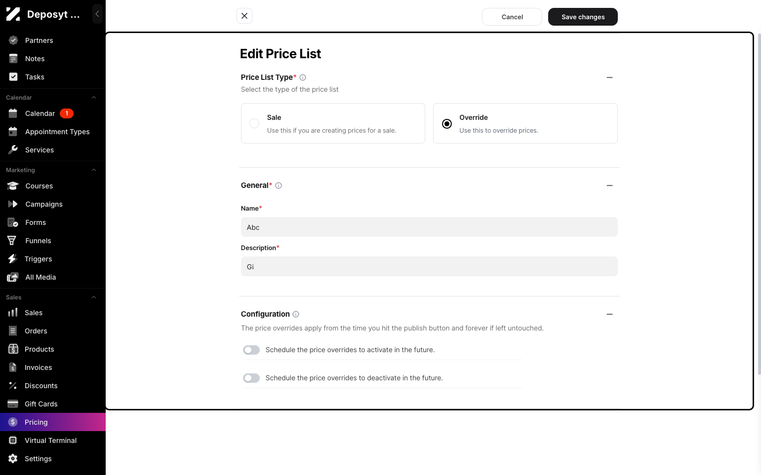 Step 6: You can now edit the price list information, including choosing between Sale or Override Prices, updating general information such as the Price List Name and Description, and modifying the Configuration settings.