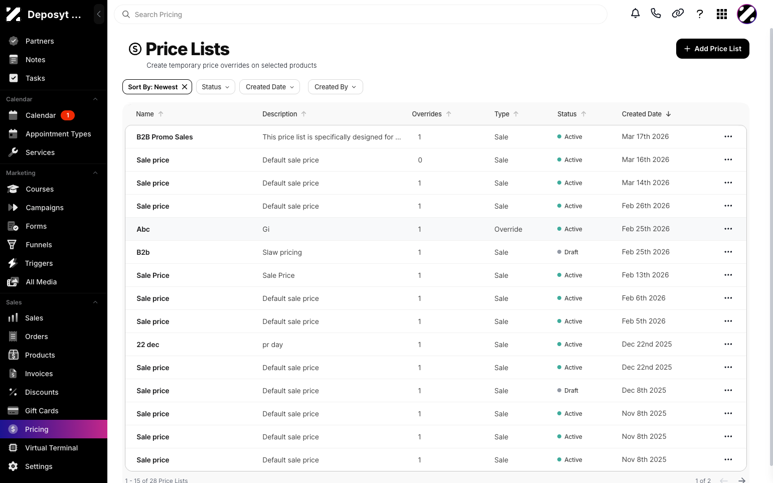 Editing Price List Details