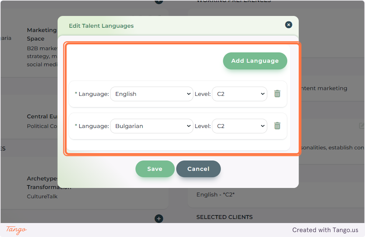 Fill in the LANGUAGES field and the respective level of fluency for each level.