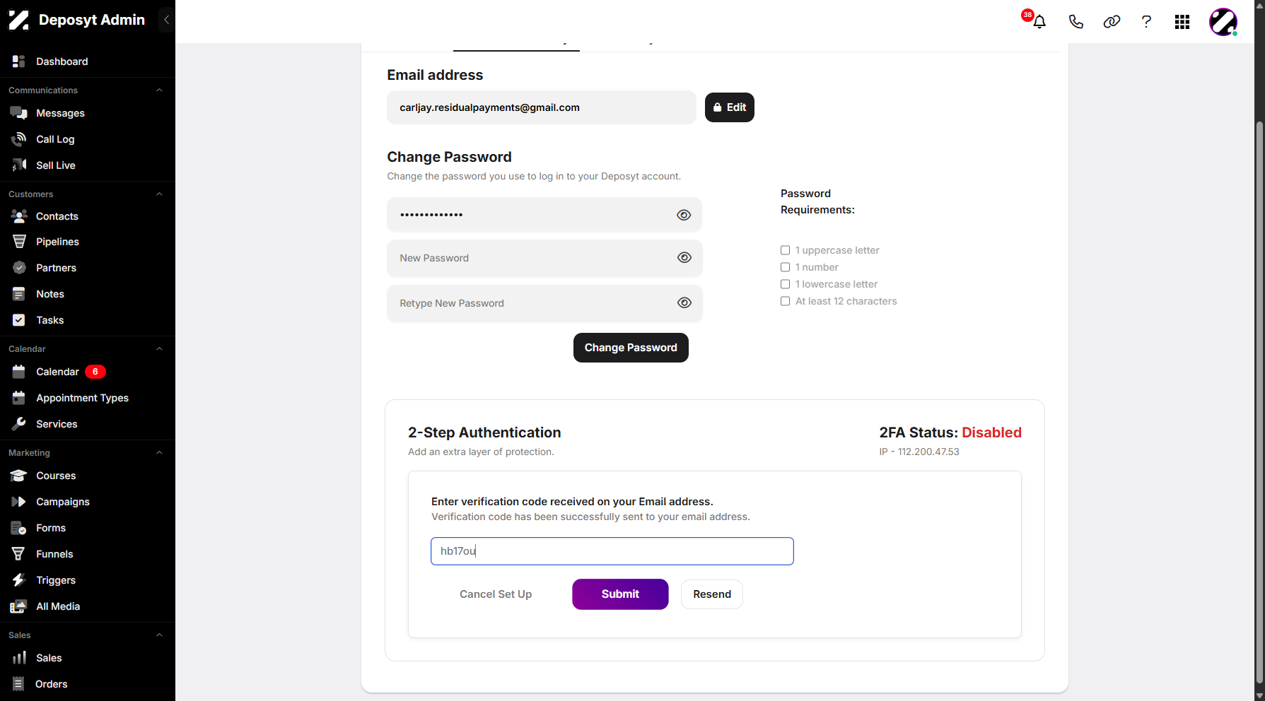 Step 13: Copy the 2FA code from your email and paste it here, then click Submit to enable two-factor authentication.