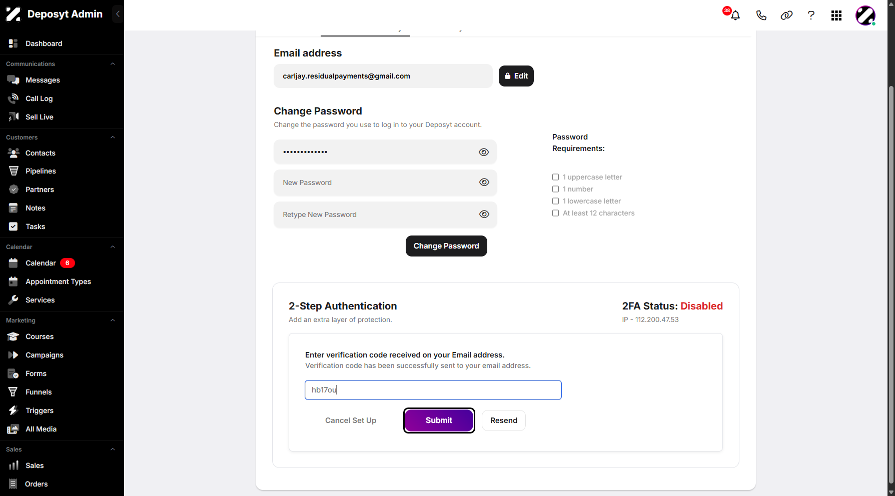 Step 13: Copy the 2FA code from your email and paste it here, then click Submit to enable two-factor authentication.