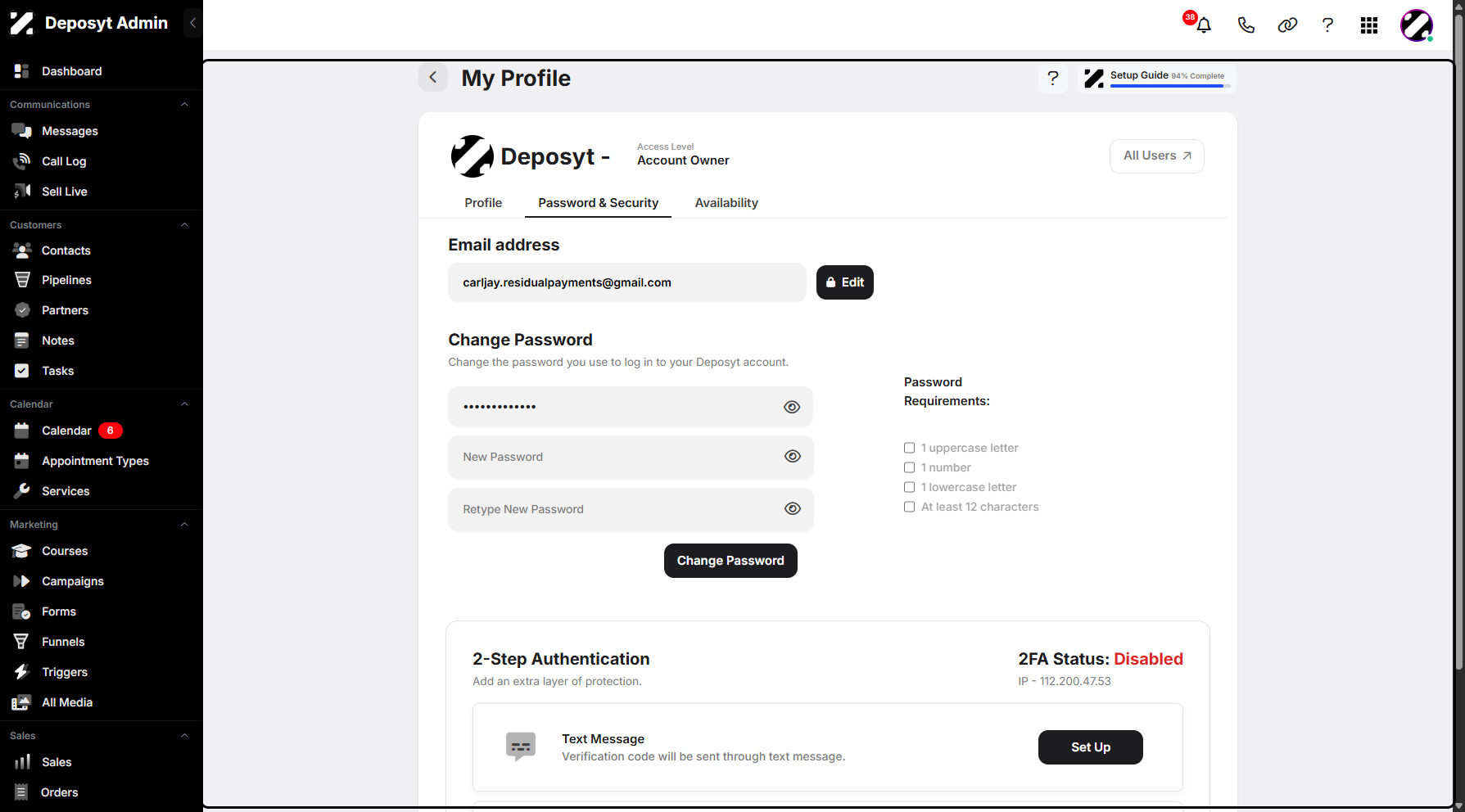 Step 7: You will then be taken to the My Profile Password & Security settings tab.
