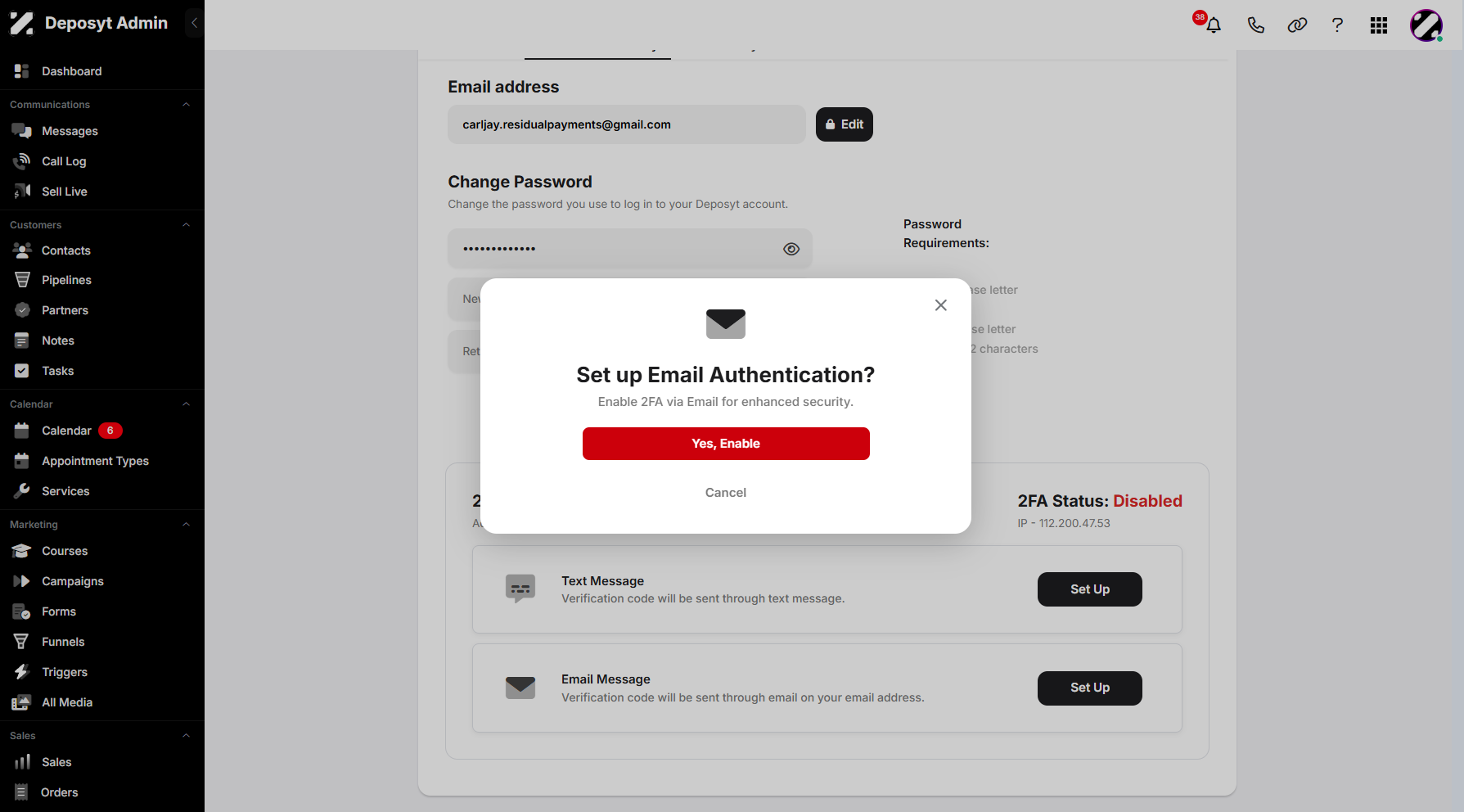 Step 10: A pop-up window will appear, prompting you to enable two-factor authentication via your email.