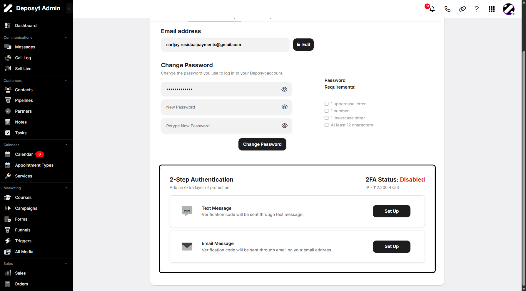 Step 8: Scroll down to set up your two-step authentication. You can then choose to receive the verification code via SMS or email.