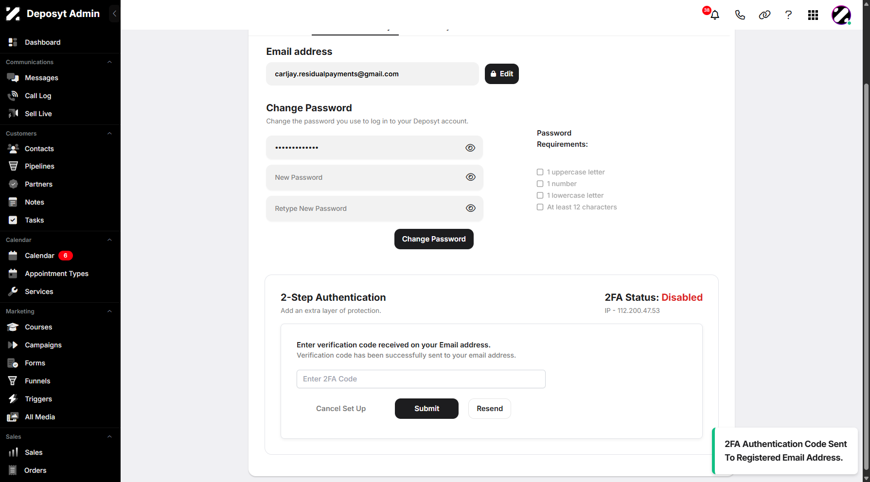Step 12: You will then be prompted to enter the 2FA code that has been sent to your email account.