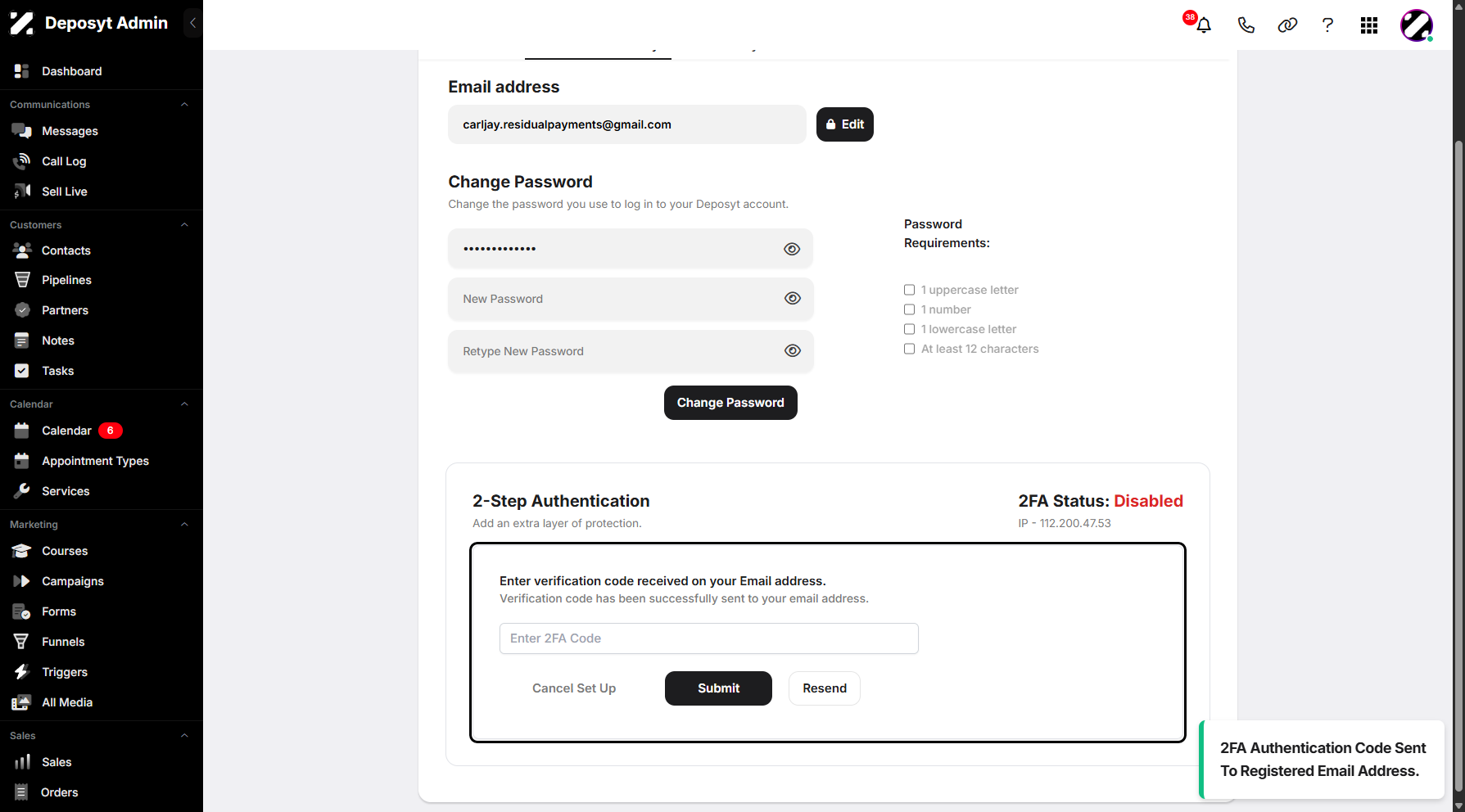 Step 12: You will then be prompted to enter the 2FA code that has been sent to your email account.