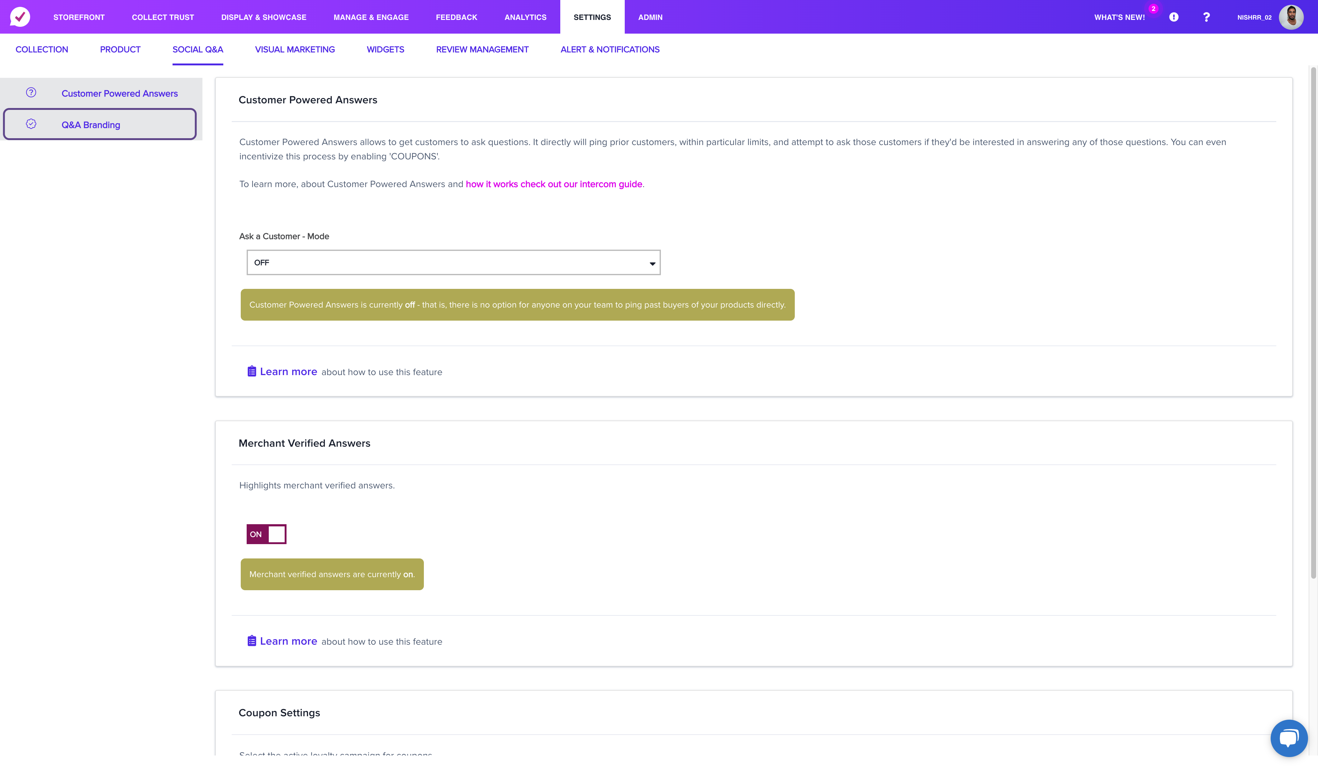 Click on Q&A Branding