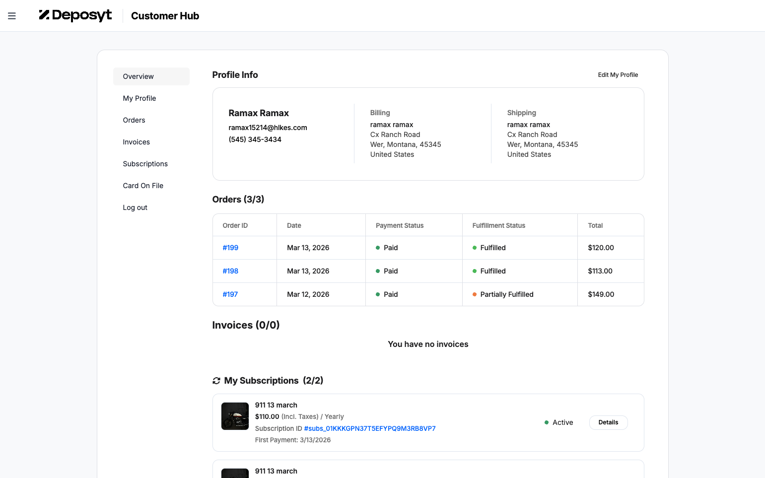 Step 5: A new window will open with the Customer Hub. Here, you can access the customer’s profile, orders, invoices, subscriptions, and card on file.