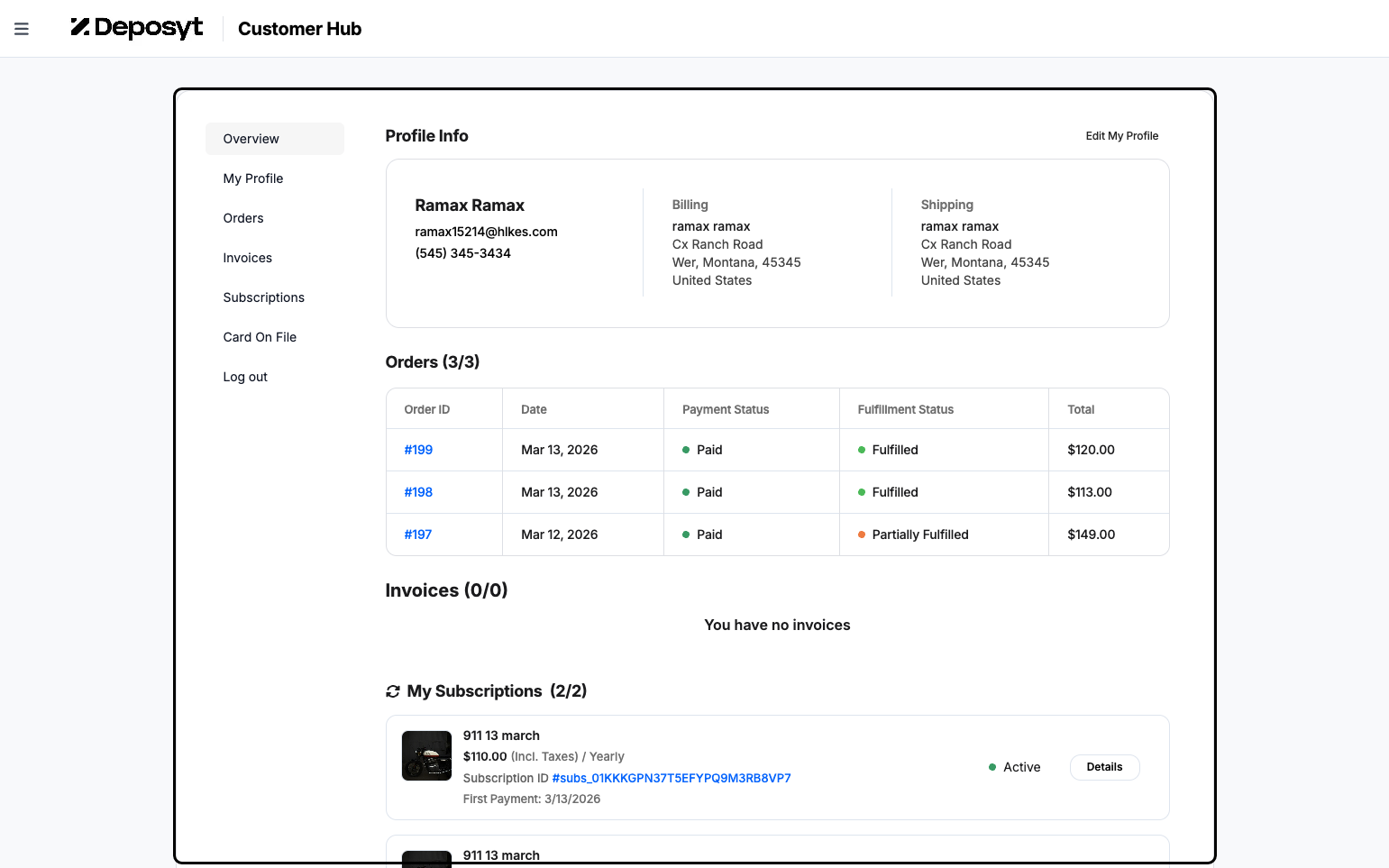 Step 5: A new window will open with the Customer Hub. Here, you can access the customer’s profile, orders, invoices, subscriptions, and card on file.