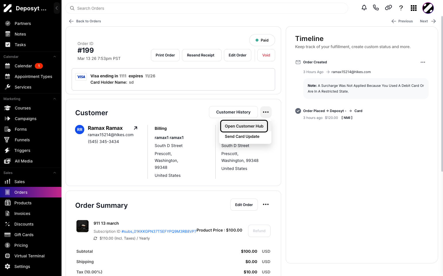 Step 4: You will now see the Order Summary. Under the Customer section, click the three-dot menu and select Open Customer Hub.