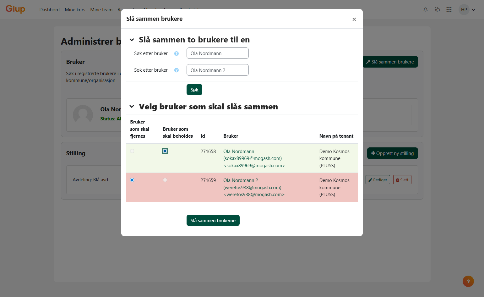 Huk av for hvilken bruker som skal fjernes og hvem som skal beholdes