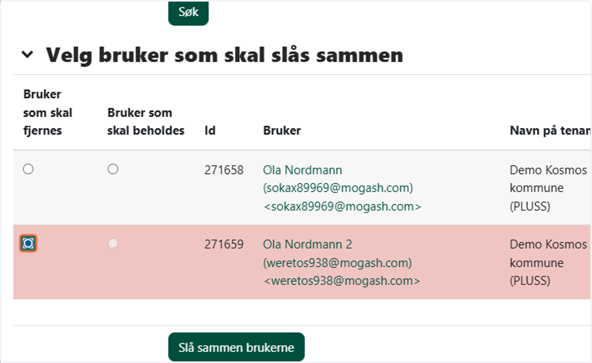 Huk av for hvilken bruker som skal fjernes og hvem som skal beholdes