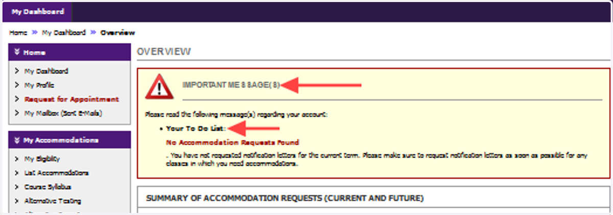Review the "Important Message(s)" and "Your To Do List"