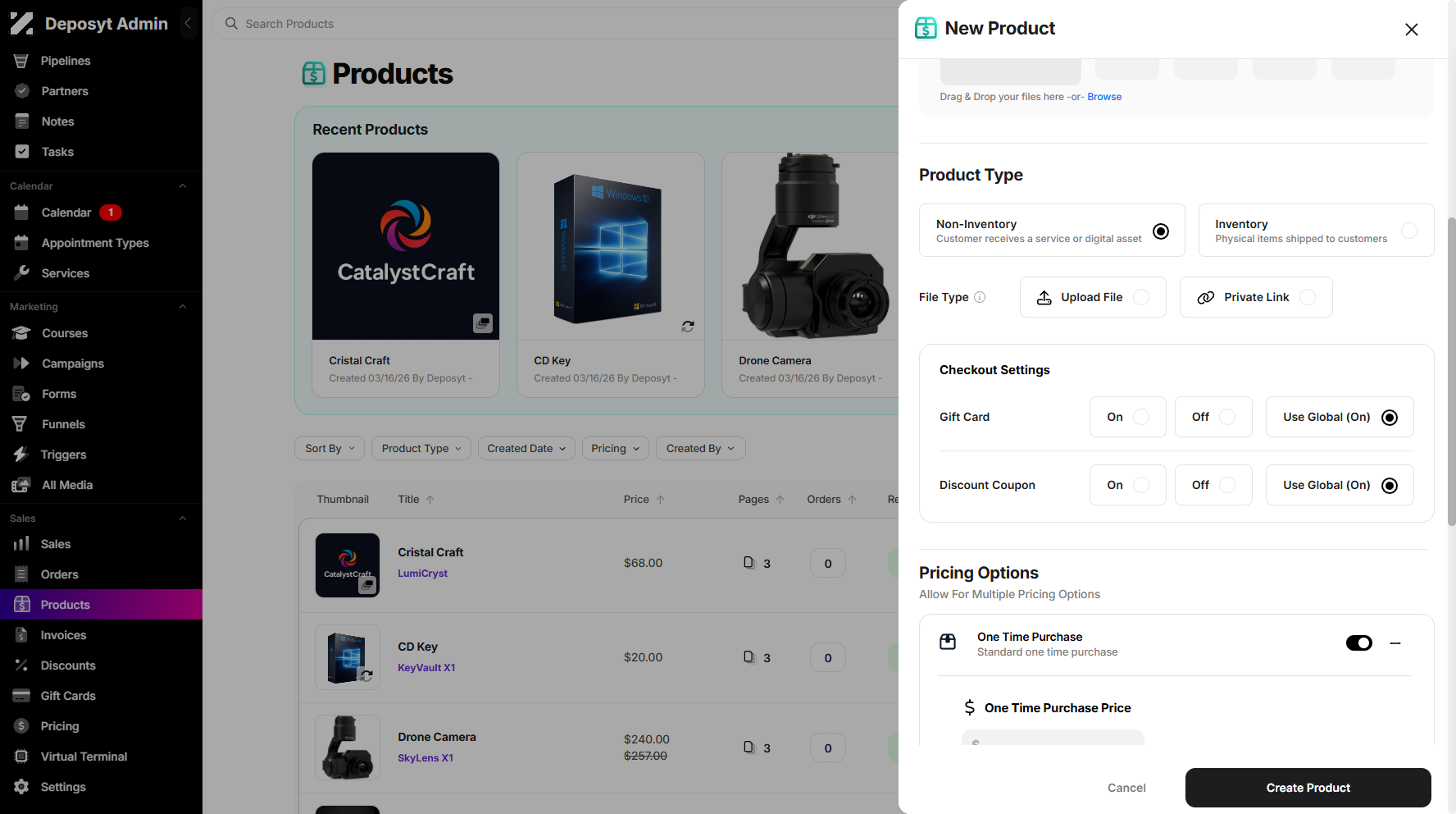 Step 5: Next, specify the Product Type. Non-Inventory for services or digital assets, and Inventory for physical goods.
