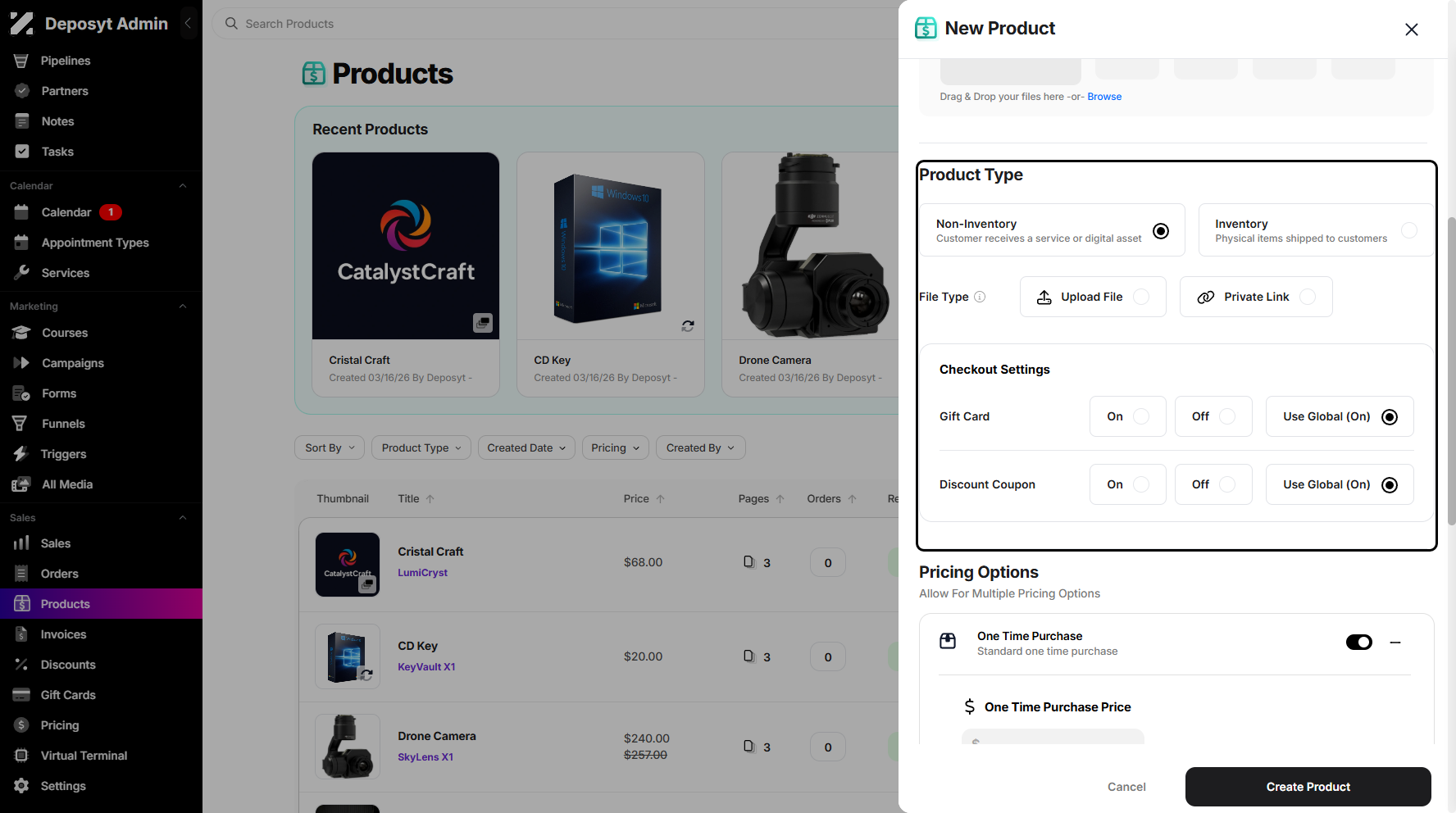 Step 5: Next, specify the Product Type. Non-Inventory for services or digital assets, and Inventory for physical goods.