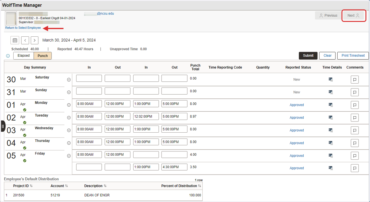 Selecting the next Employee Timesheet