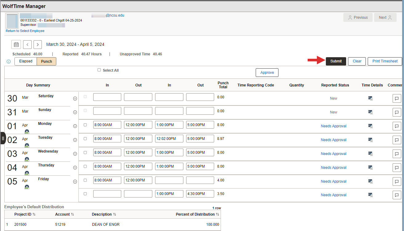 Click Submit to update a timesheet