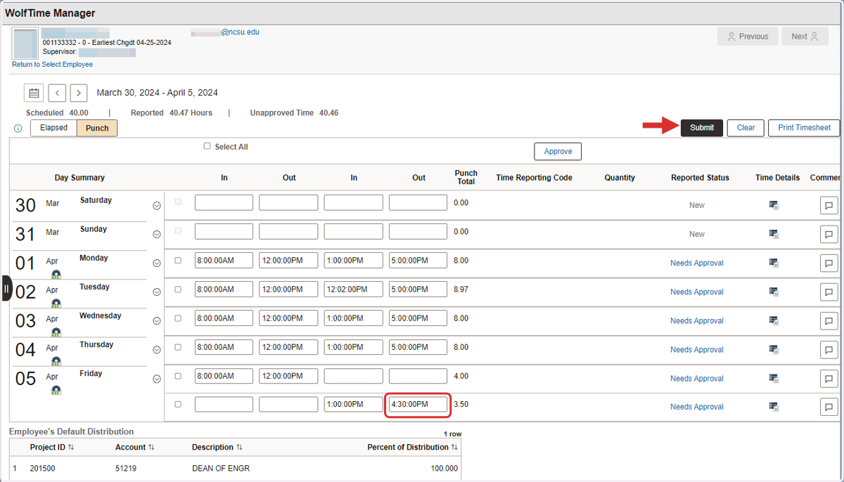 Click Submit to update a timesheet