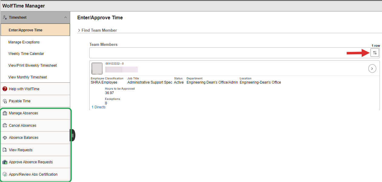 WolfTime Manager Page Activity Menu