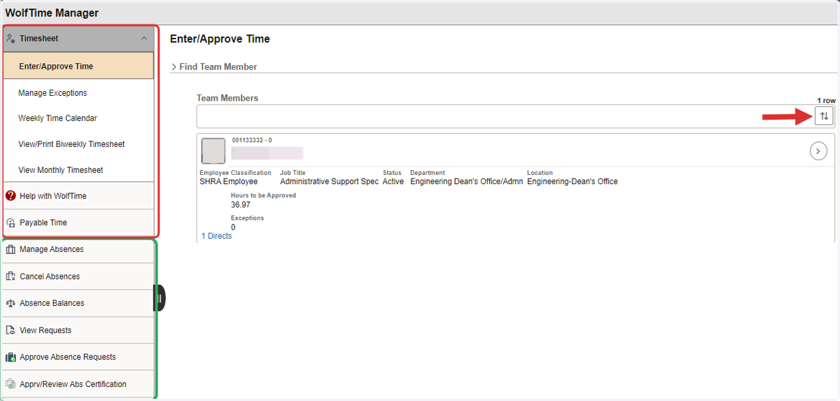 WolfTime Manager Page Activity Menu