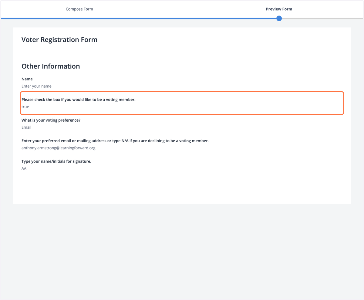 It will say "True" if you clicked the box to be a voting member. If it does not, simply go back to check the box.