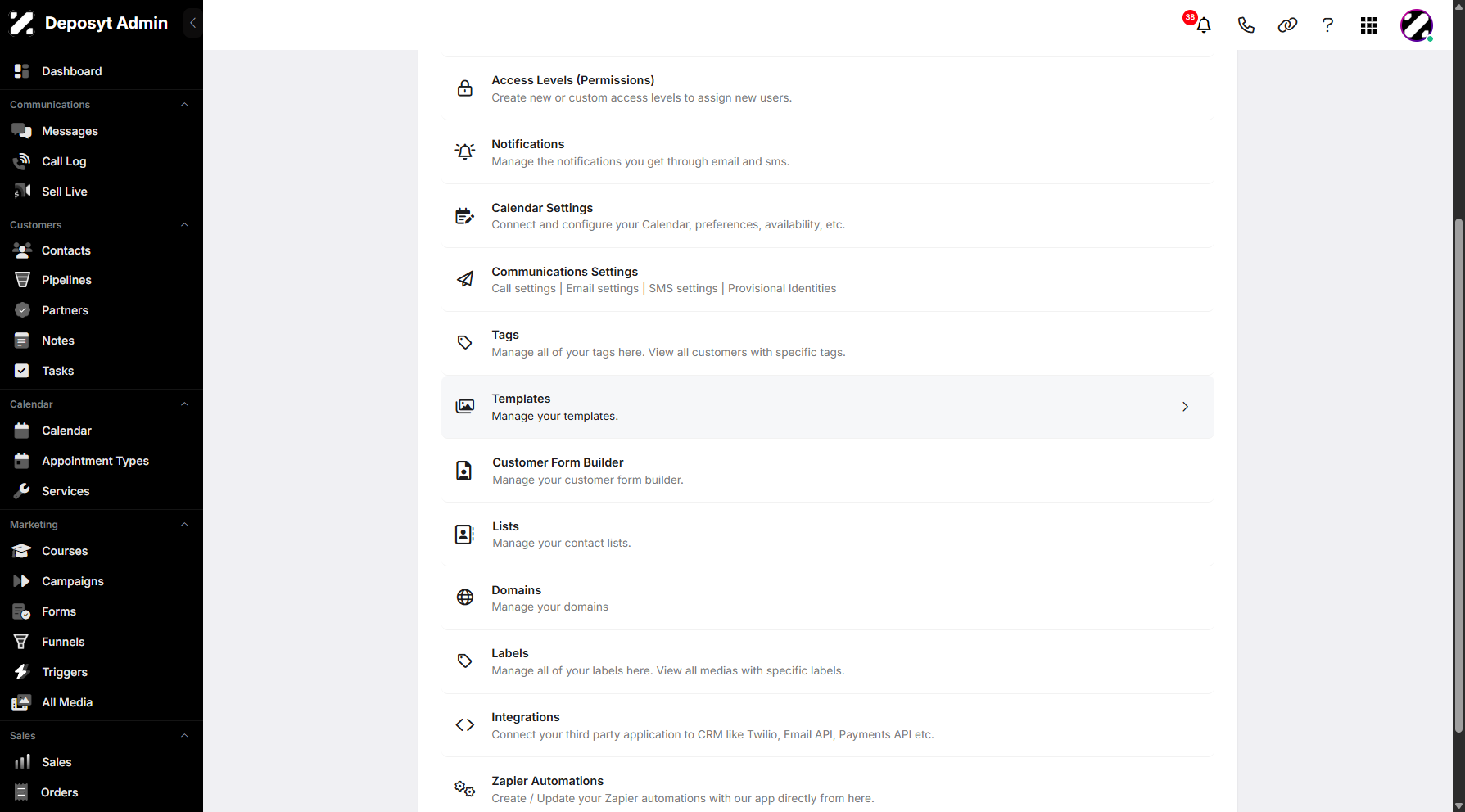 Step 3: You will then be taken to the Settings page. Scroll down and click on Templates to continue.
