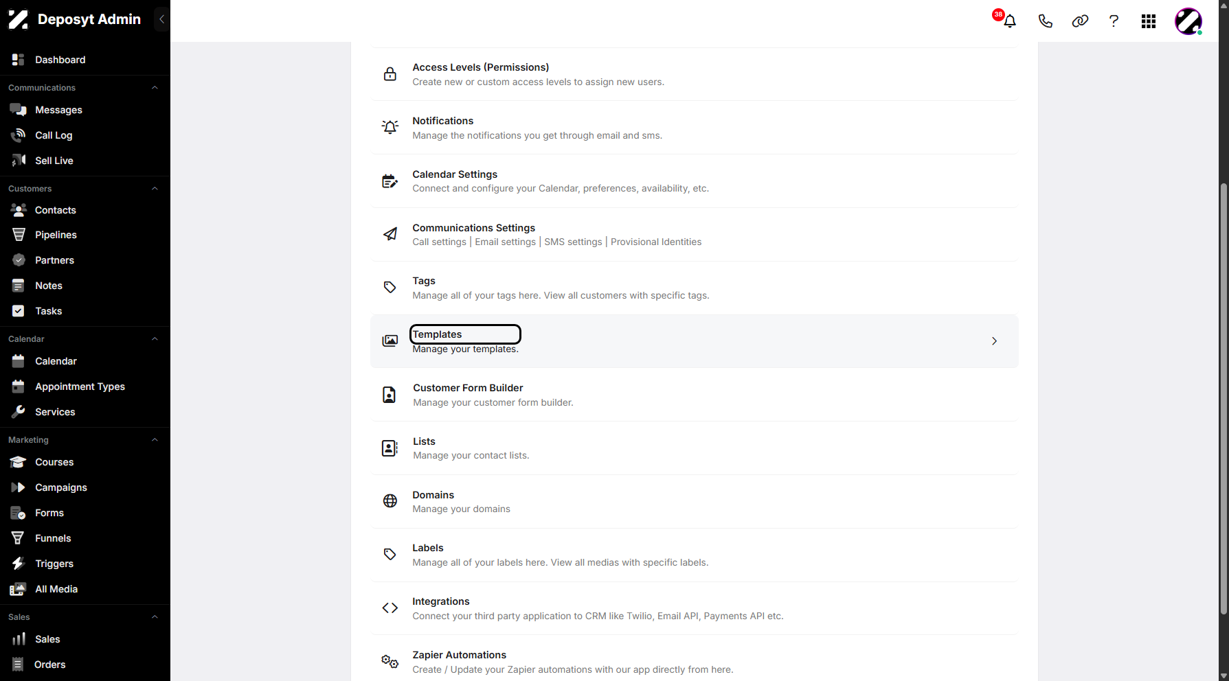 Step 3: You will then be taken to the Settings page. Scroll down and click on Templates to continue.