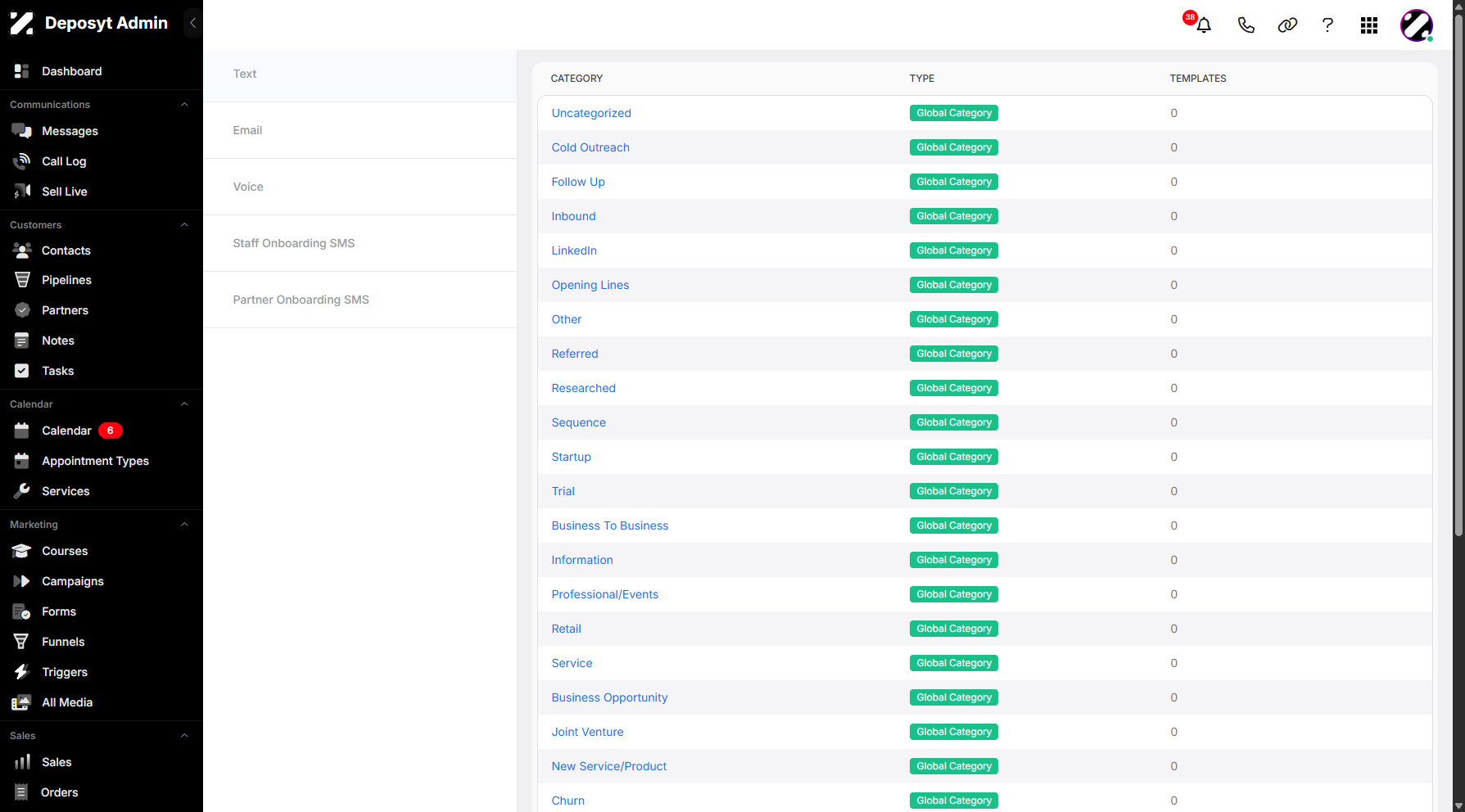 Step 4: You will then be redirected to the Templates section, where you will be in the Text Templates section by default.