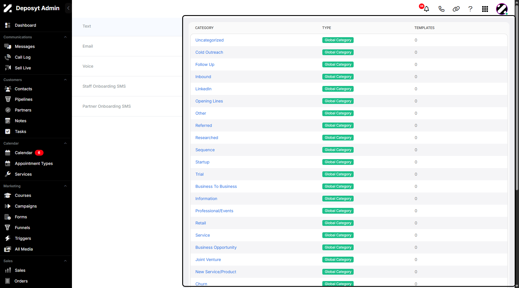 Step 4: You will then be redirected to the Templates section, where you will be in the Text Templates section by default.