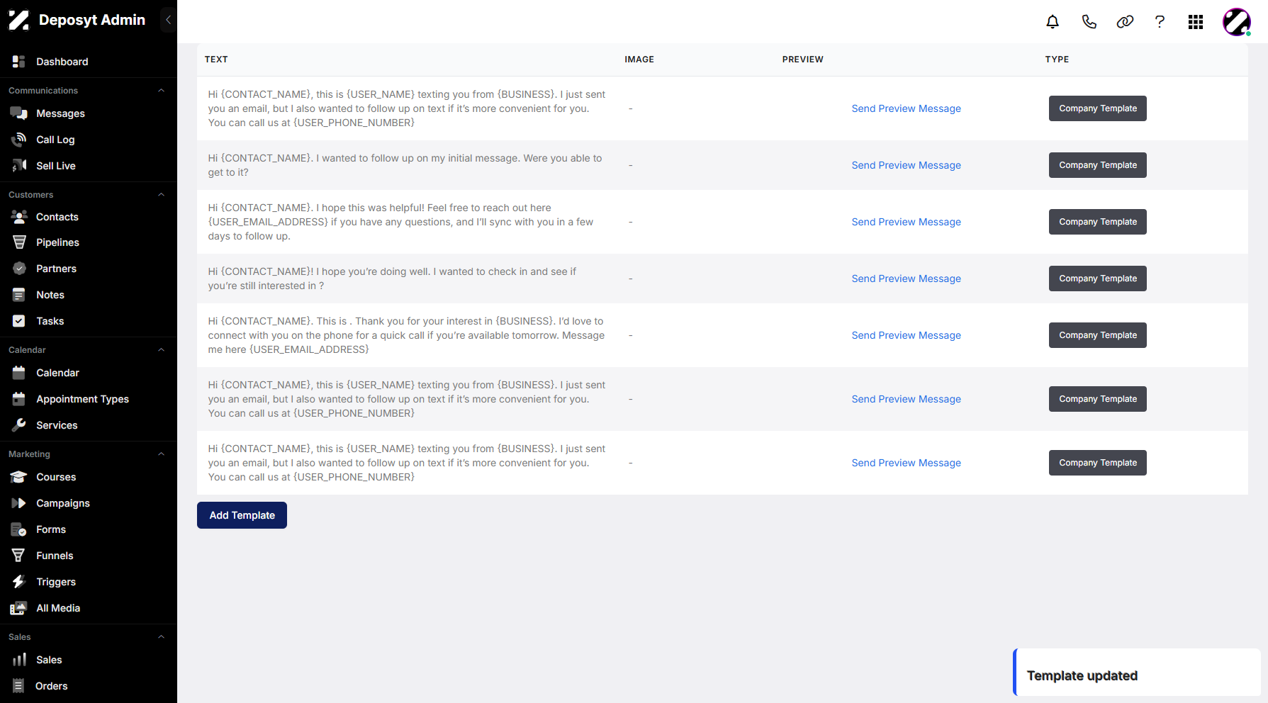 Step 11: After managing your template, click Save to proceed. A pop-up notification will confirm the action.