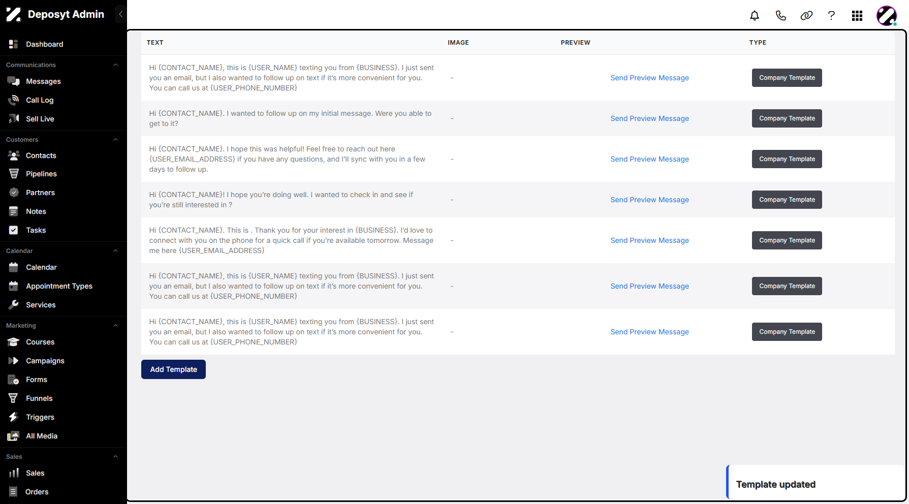 Step 11: After managing your template, click Save to proceed. A pop-up notification will confirm the action.