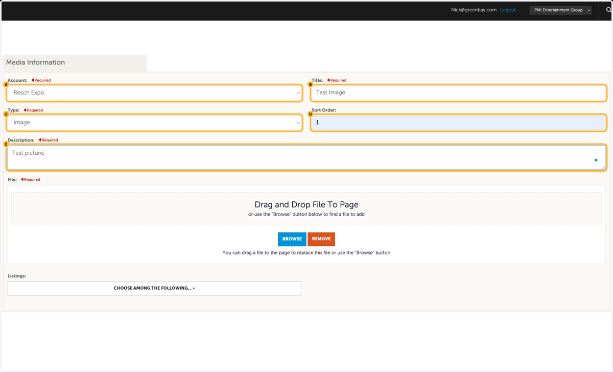 A. Select Account B. Name your image C. Select image type, either logo or image depending on what you're uploading D. Enter sort order, 1 will be the first image on your website listing E. Type image description