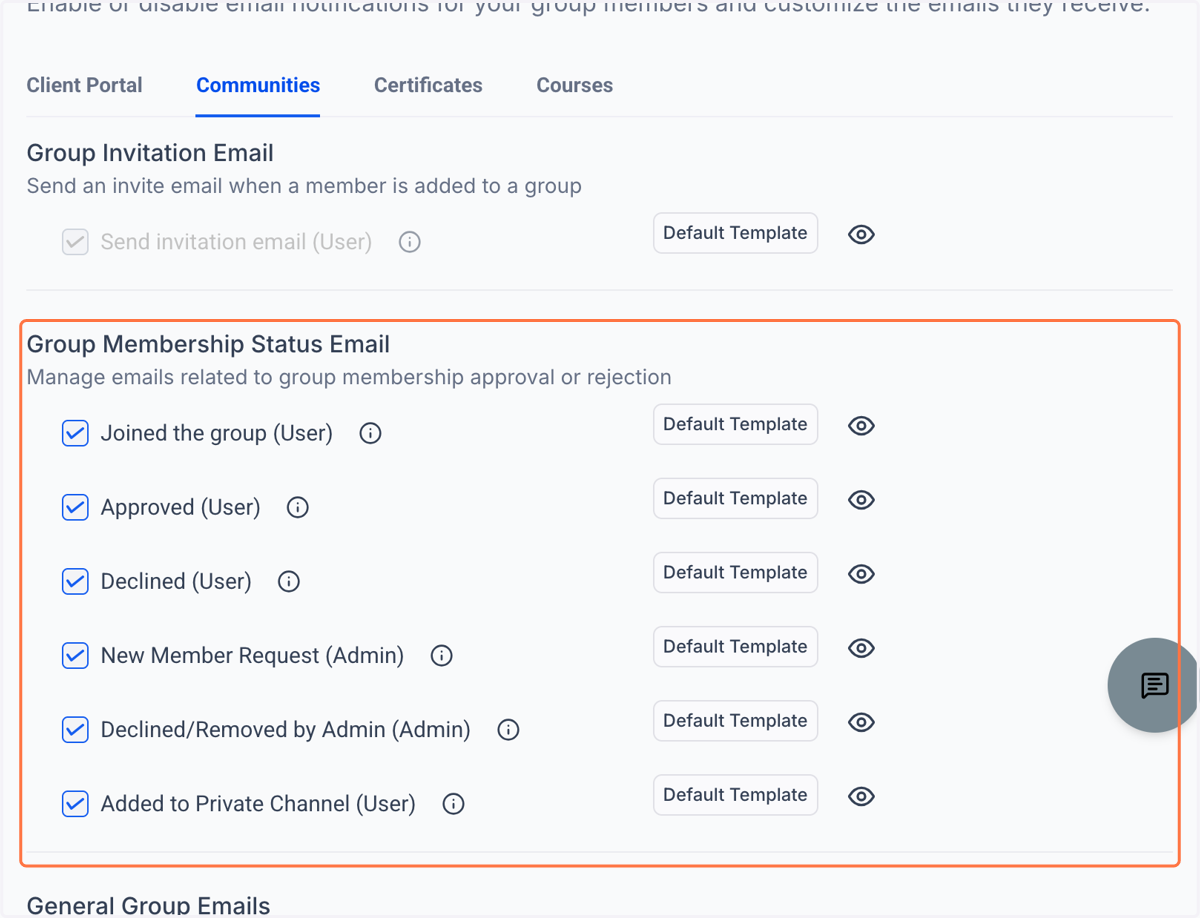 Gå til fanen “Communities” og gennemgå de system-mails, der er slået til for dit community - husk at scrolle helt ned til bunden (der er mange)