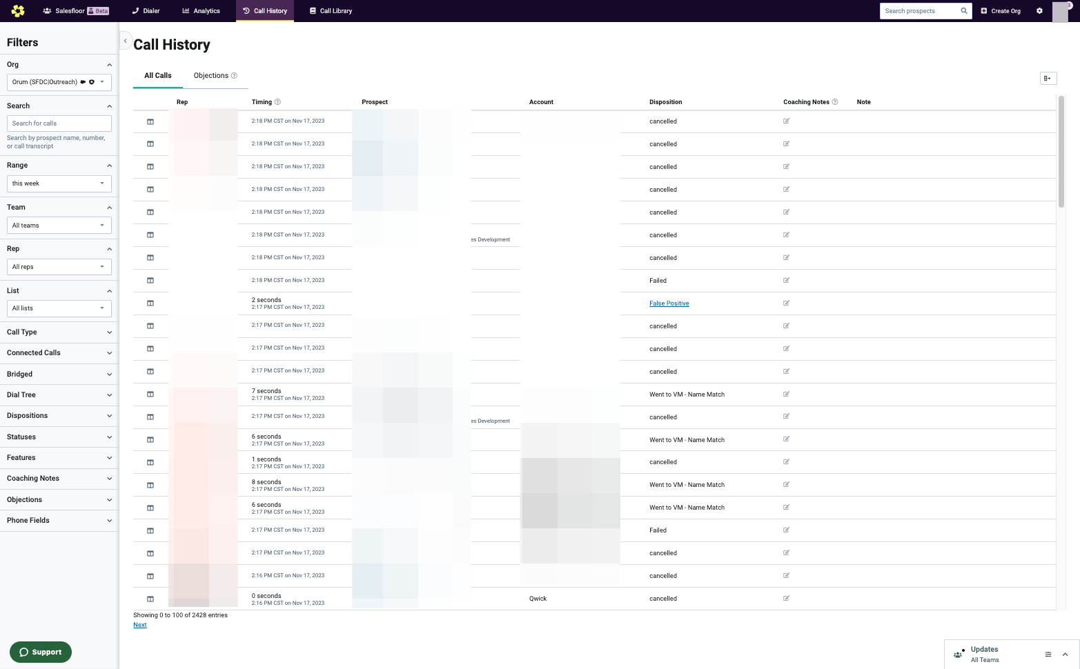 Once in Call History, click into "Objections" next to "All Calls" to look at calls with Objection Detection.