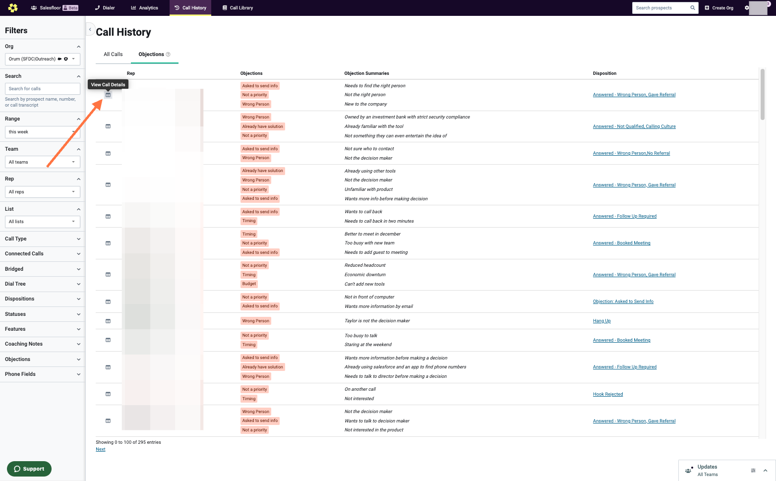 The Objections column tells you which Objection was detected. "Objection Summaries" provides more context around the Objection at hand. The Disposition is the outcome the Rep manually saved for that call. Click "View Call Details to learn more about 
