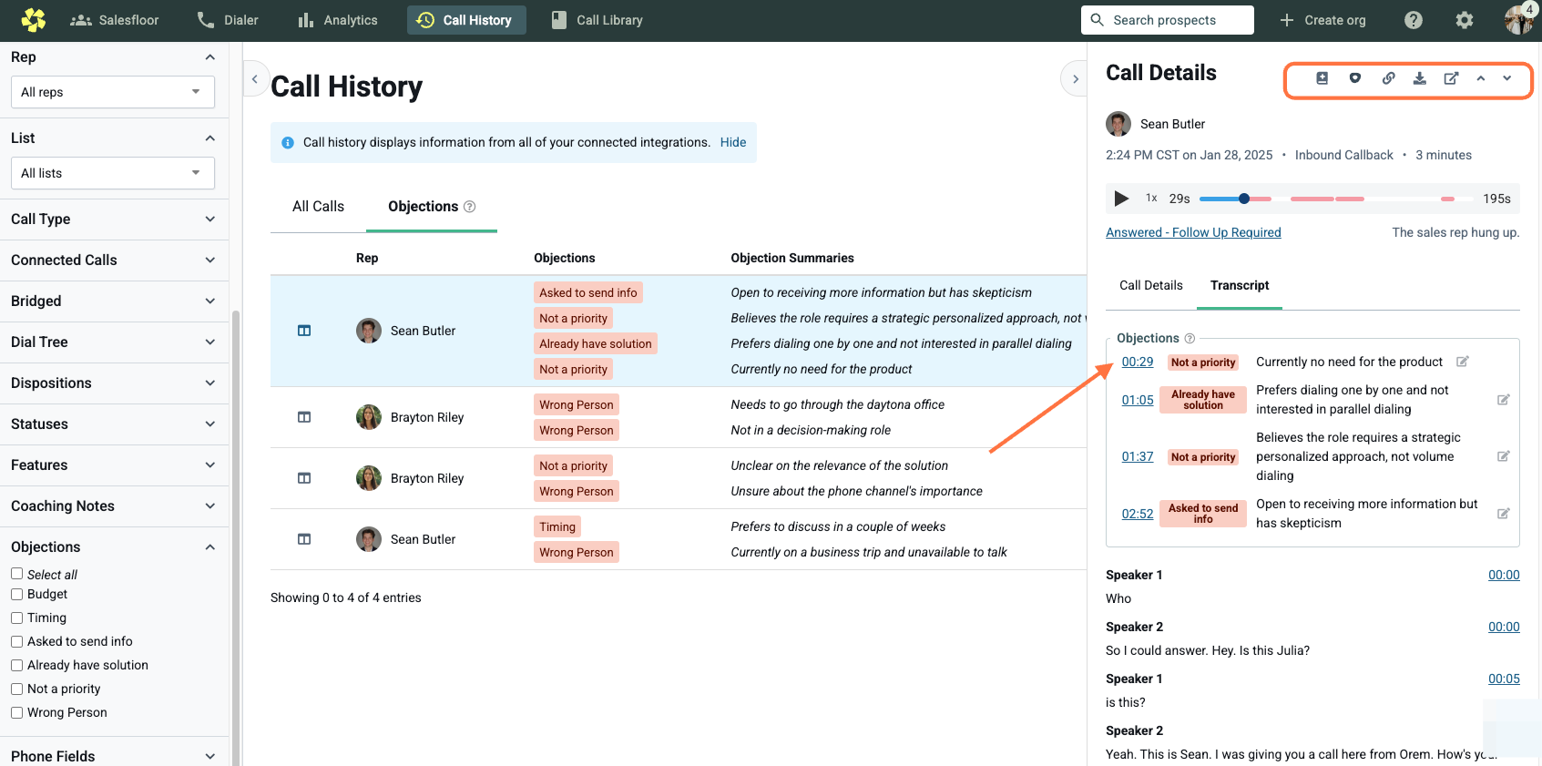 Within Call Details, you can perform a handful of actions like view that prospect in CRM, add a Coaching Note, or add the call to Call Library. You can skip to the moment the Objection was detected and use the Transcript for a written record of the c