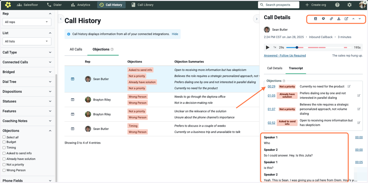 Within Call Details, you can perform a handful of actions like view that prospect in CRM, add a Coaching Note, or add the call to Call Library. You can skip to the moment the Objection was detected and use the Transcript for a written record of the c